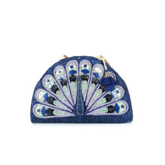 Kate Spade Womens Blue Full Plume Embroidered Straw Peacock Clutch Handbag - Picture 2 of 8